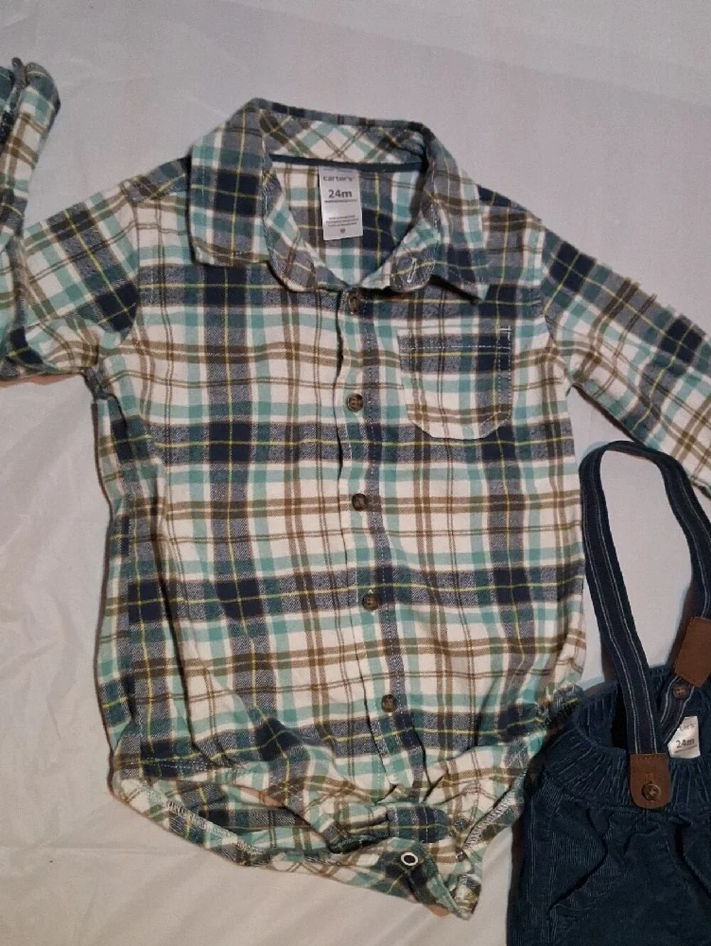 Carter’s 3pc Plaid Button Down & Navy Suspender Pants Outfit Set